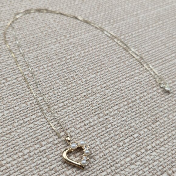18 Inch Gold Over Sterling Pearls And Diamonds Heart Necklace A6169 - Picture 3 of 8